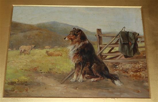 Attributed to Ernest Walbourne, oil on board, Collie in a landscape, signed 19 x 25cm unframed